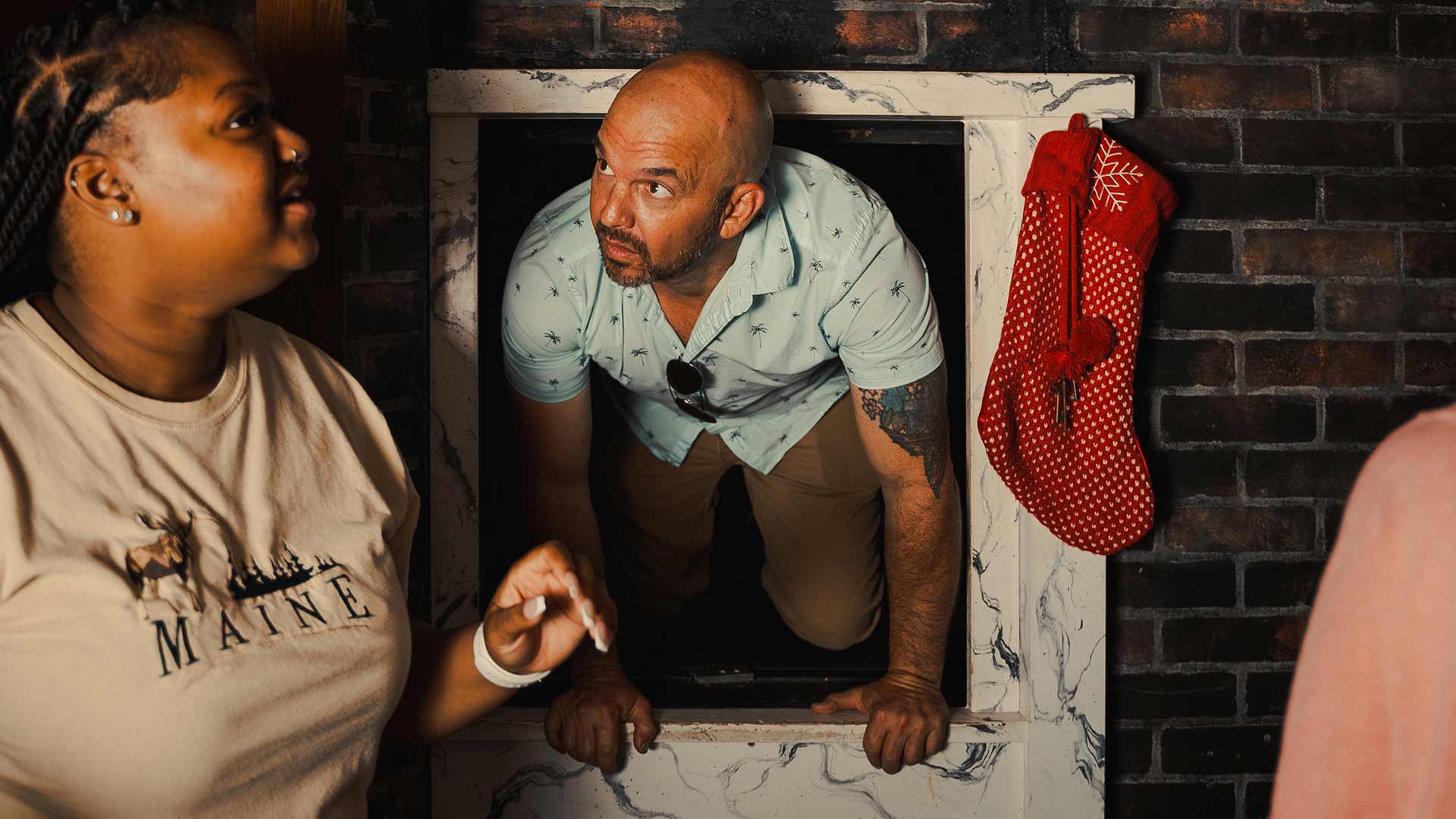 A group of friends trying to escape from a Gatlin's Escape Room in Gatlinburg and Pigeon Forge, TN.